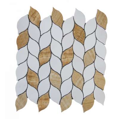 Leaves  pattern yellow wood+sivec white marble mosaic tiles 24x24